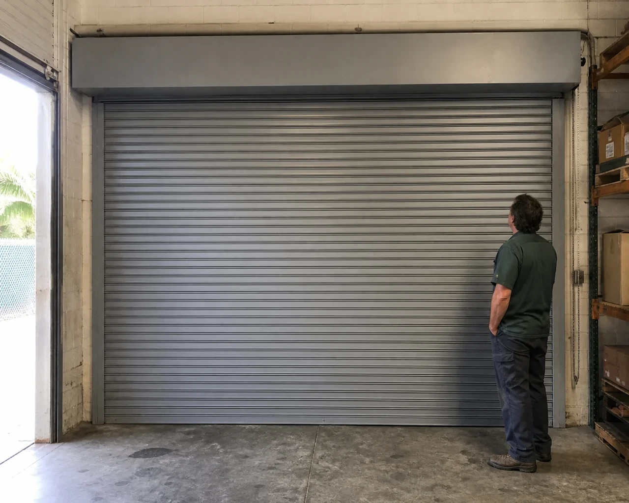 A person examines a closed metal rolling door with narrow horizontal slats, side guides and an overhead hood in a warehouse.