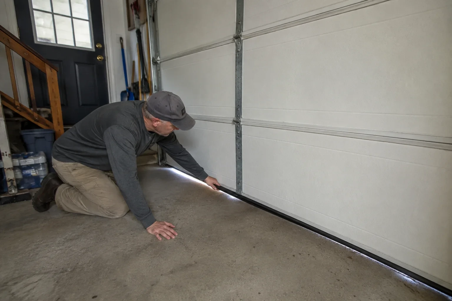 A person kneels beside the black bottom seal of a garage door, with daylight visible beneath the edge.