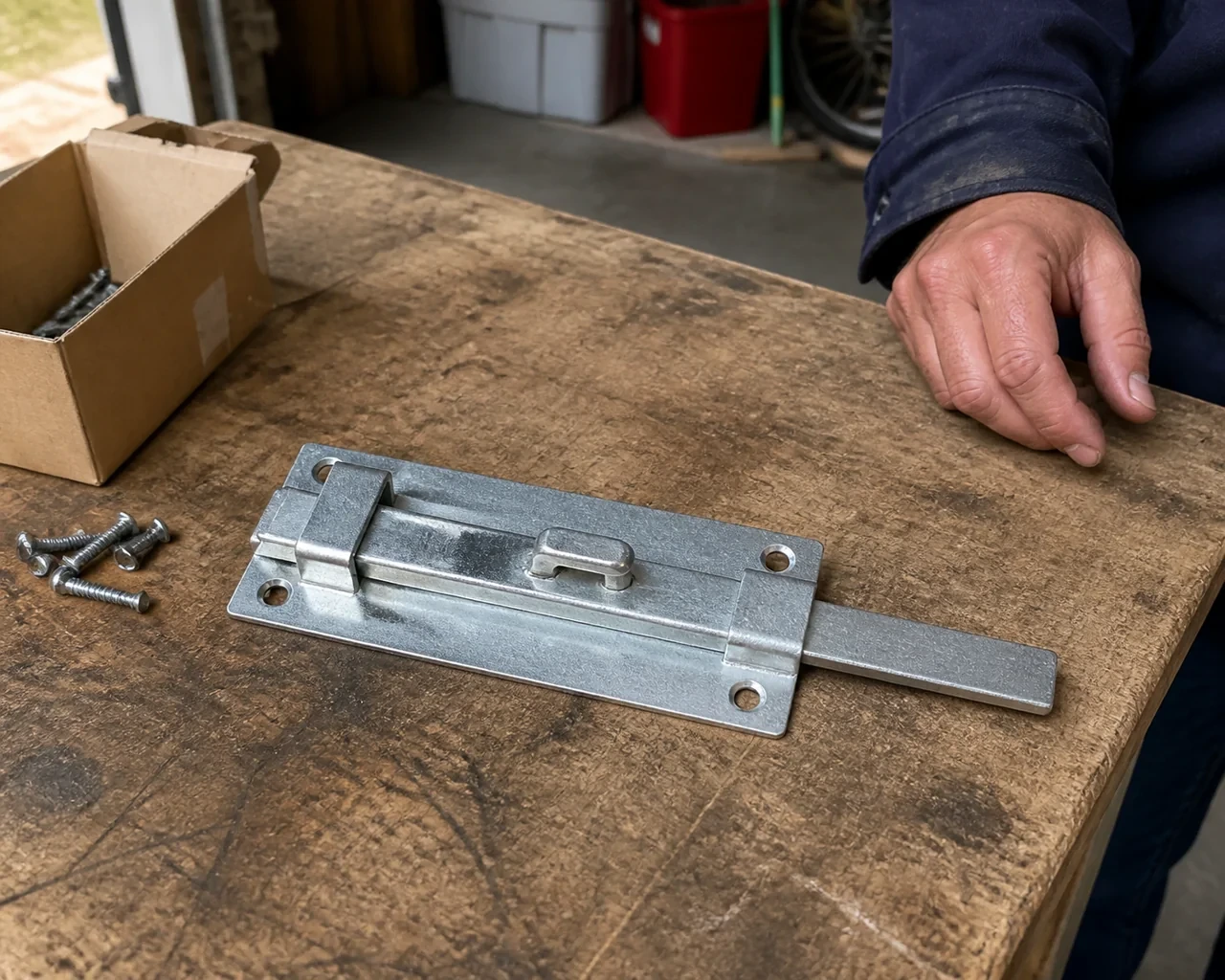 A detached metal slide bolt with mounting holes and retaining guides rests beside screws on a workbench.