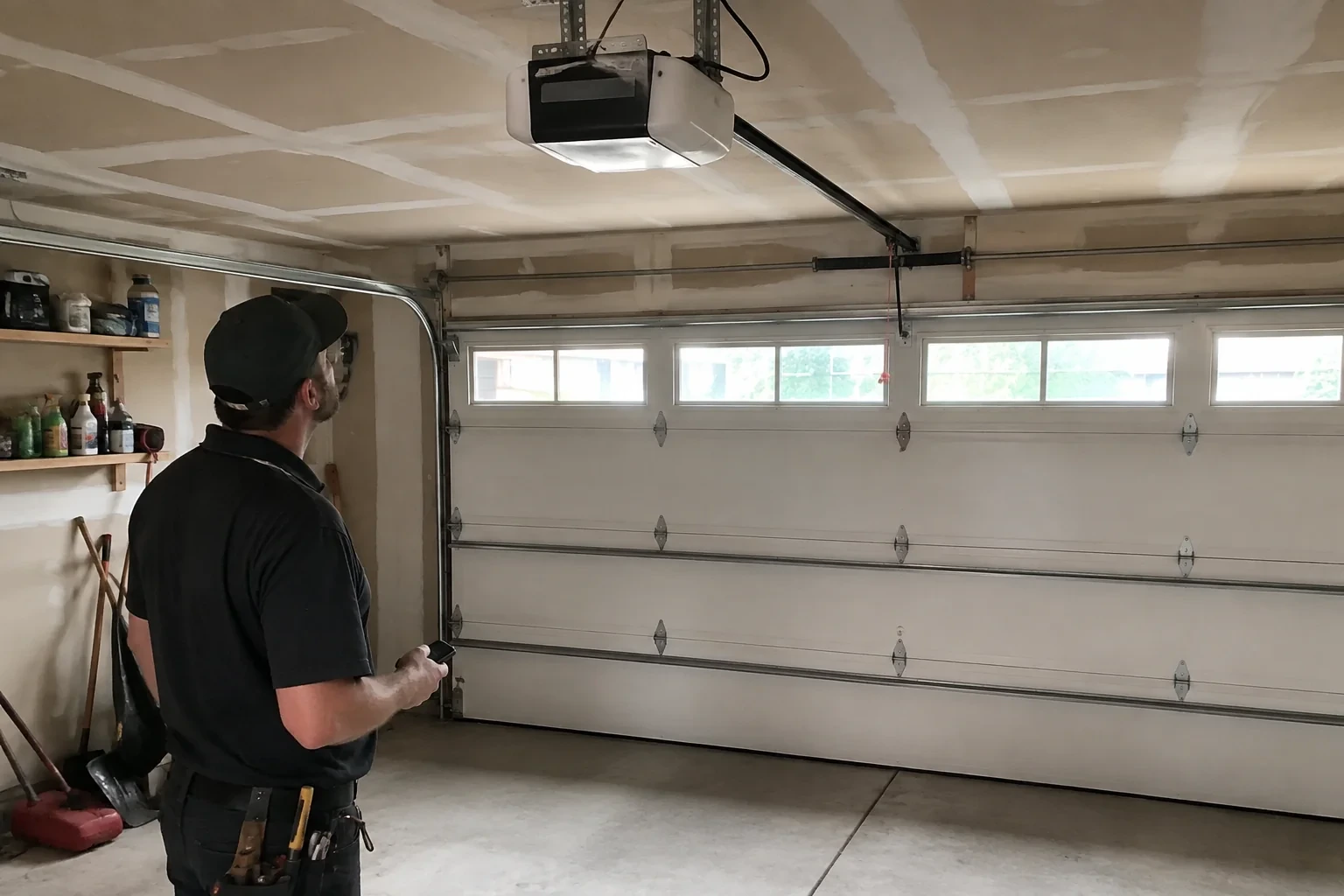 A person looks at an overhead opener above a closed garage door with a row of windows.