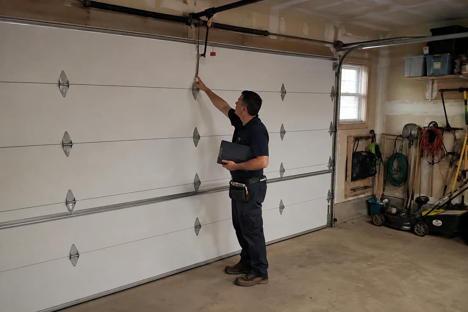 A person holding a clipboard examines the interior hardware of a closed garage door.