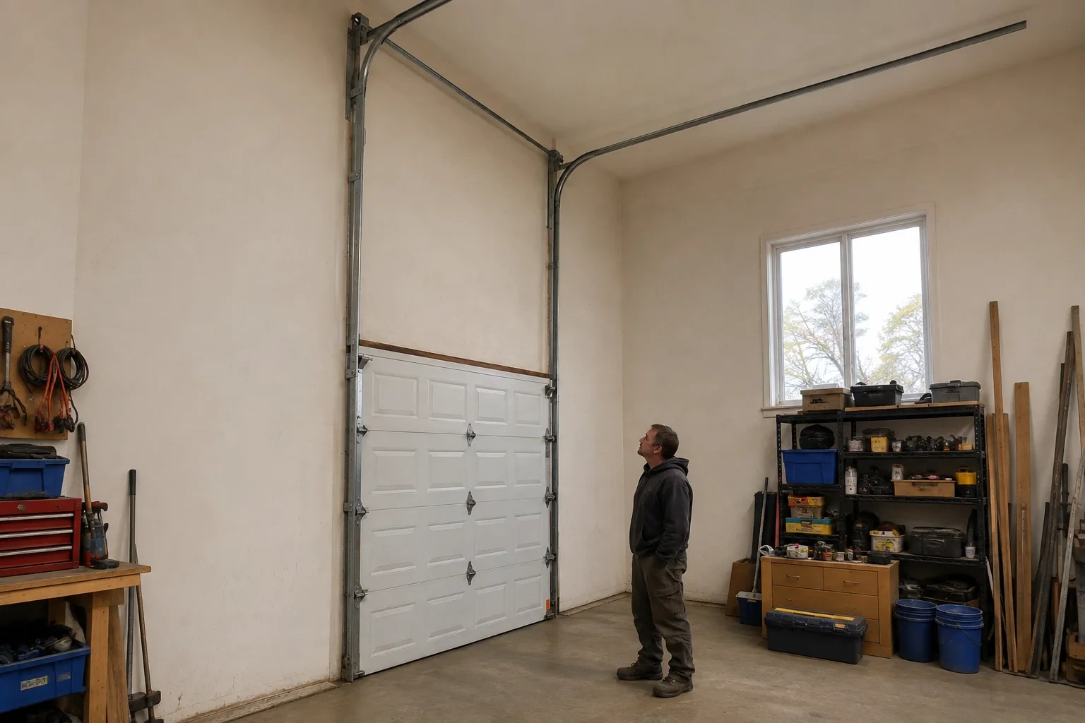 Vertical tracks extend above a closed garage door before curving near a high ceiling, while a person looks upward.