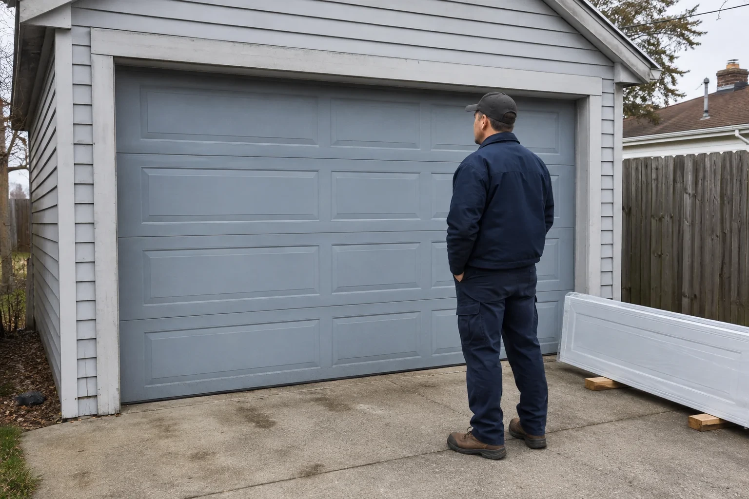 A person examines a blue-grey sectional garage door with a packaged door panel resting beside the driveway.