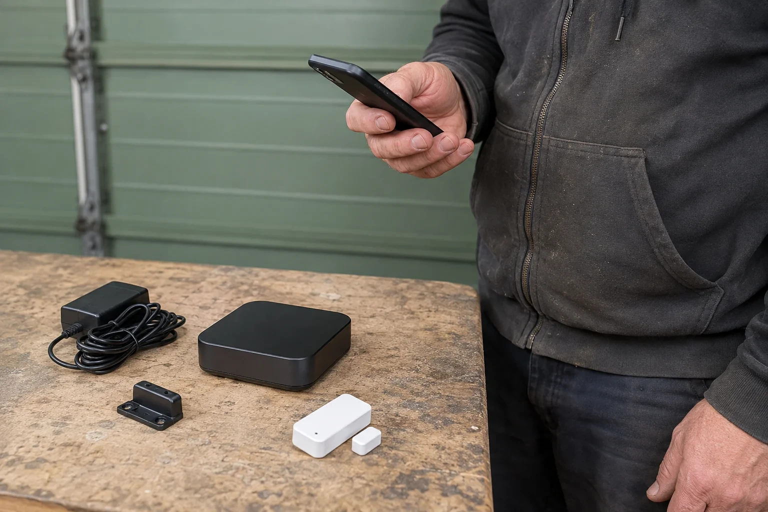 A person holds a phone beside a small controller hub, sensor, power supply and mounting piece on a garage workbench.
