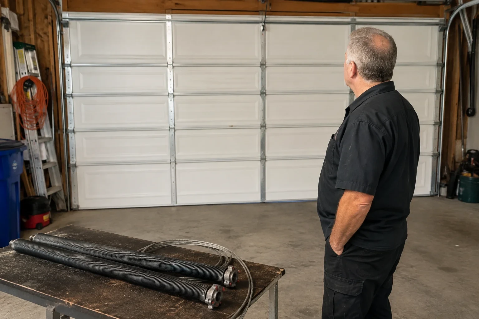 Detached coil springs with end fittings and a cable rest on a bench in front of a closed garage door.